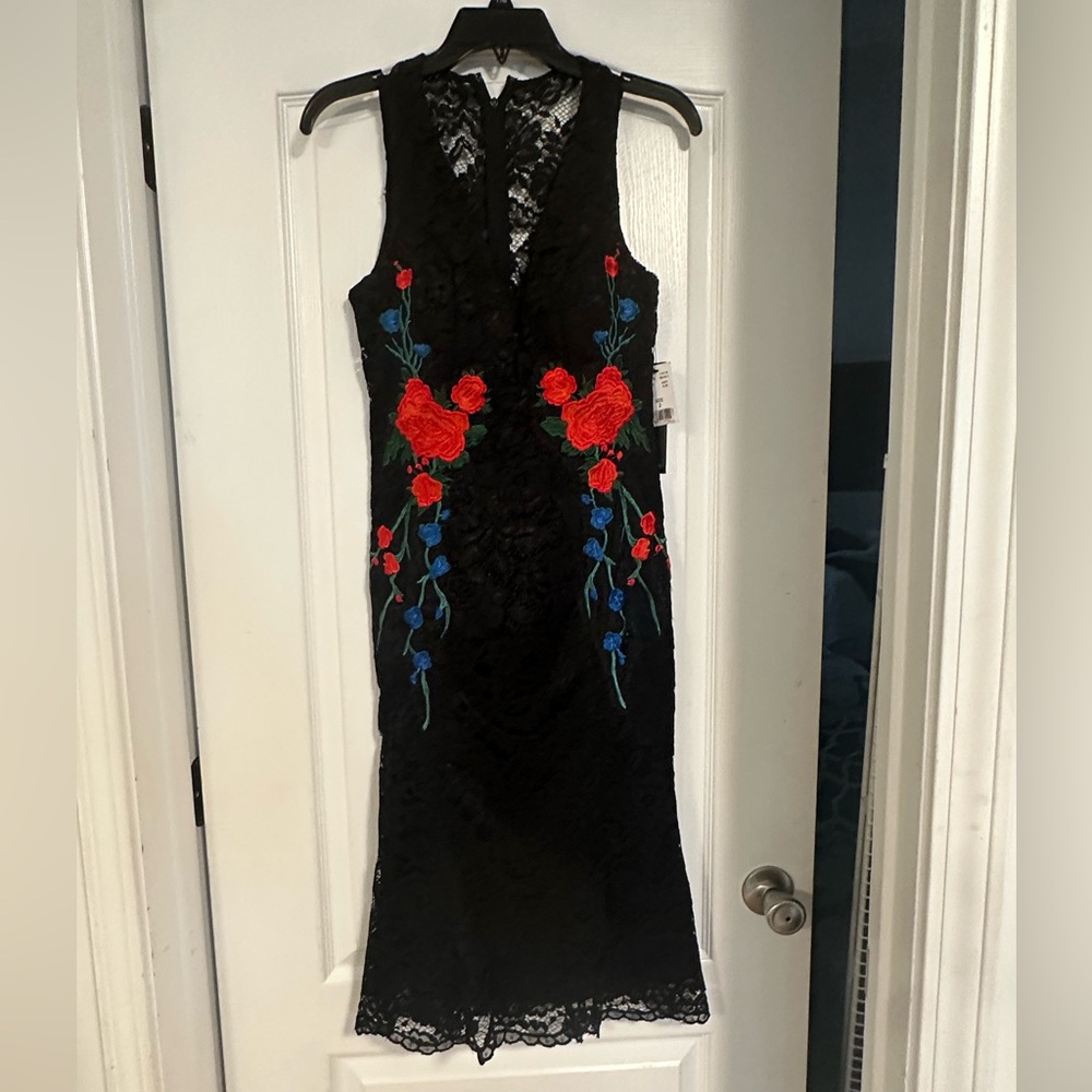 Trina Turk Black Lace Dress, Red and Blue Floral Embroidery 
Holiday sales